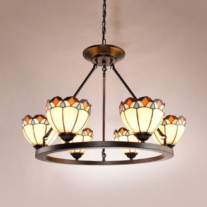 Tiffany Pendant Chandelier With Scalloped Edge And 6 Lights - Stained Glass Ceiling Light For