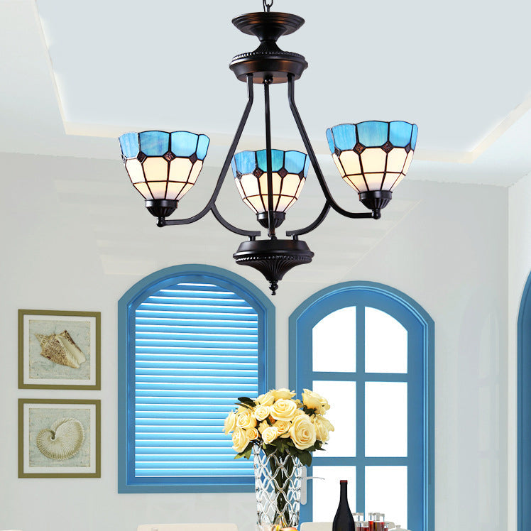 Adjustable Blue Glass Baroque Chandelier With Metal Chain And 3 Hanging Lights