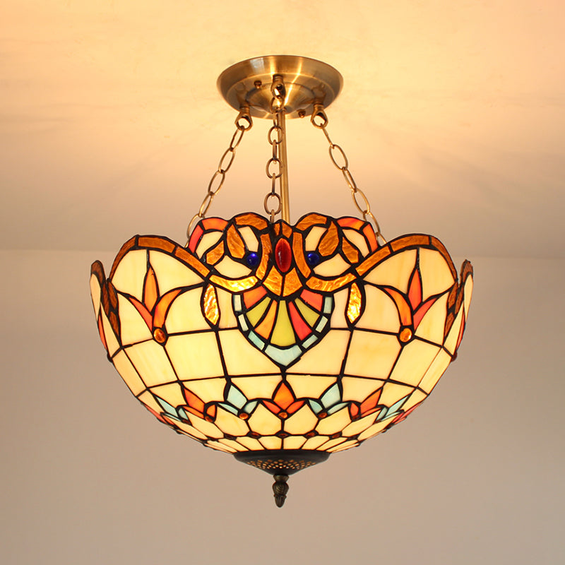 Stained Glass Chandelier Lighting: Victorian Bowl Ceiling Light With Brass Finish