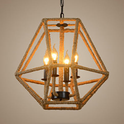 Country Style Chandelier Light With Geometric Cage & Hemp Rope Shade-Beige Beige
