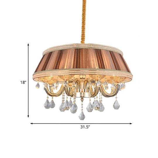 Modern Khaki Drum Ceiling Chandelier With Crystal Droplet - 8 Heads Pleated Fabric Hanging Lighting