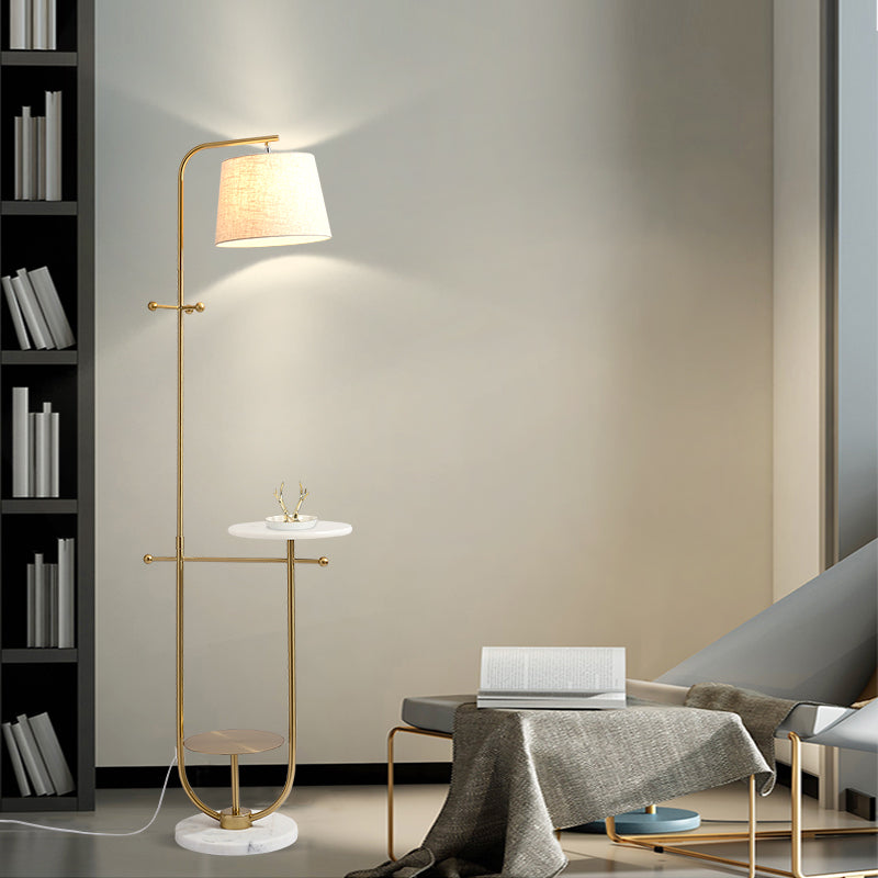 Modern Curved Arm Table Lamp With Gold Finish - Sleek Metal Design Fabric Shade