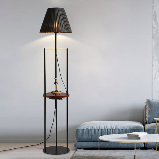 Contemporary Pleated Fabric Conic Floor Table Lamp - 1 Light Black Standard Design For Bedside