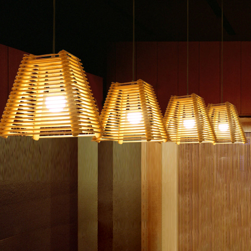 Modern Bamboo Pendant Light With Natural Wood Finish And White Glass Shade