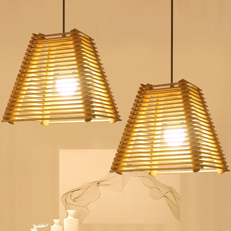 Modern Bamboo Pendant Light With Natural Wood Finish And White Glass Shade