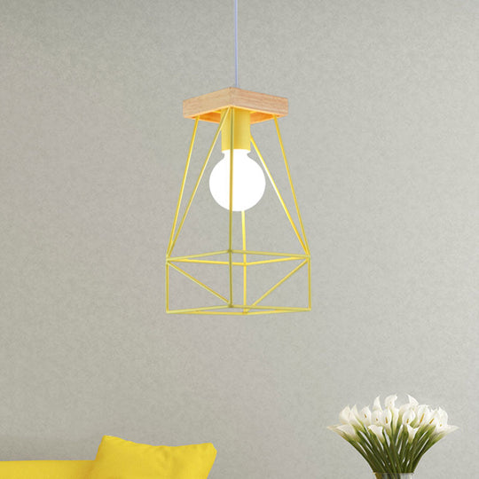 Modern Nordic Pendant Light - Metal Cage Shade 1 Head Ceiling Fixture In Black/Blue Yellow