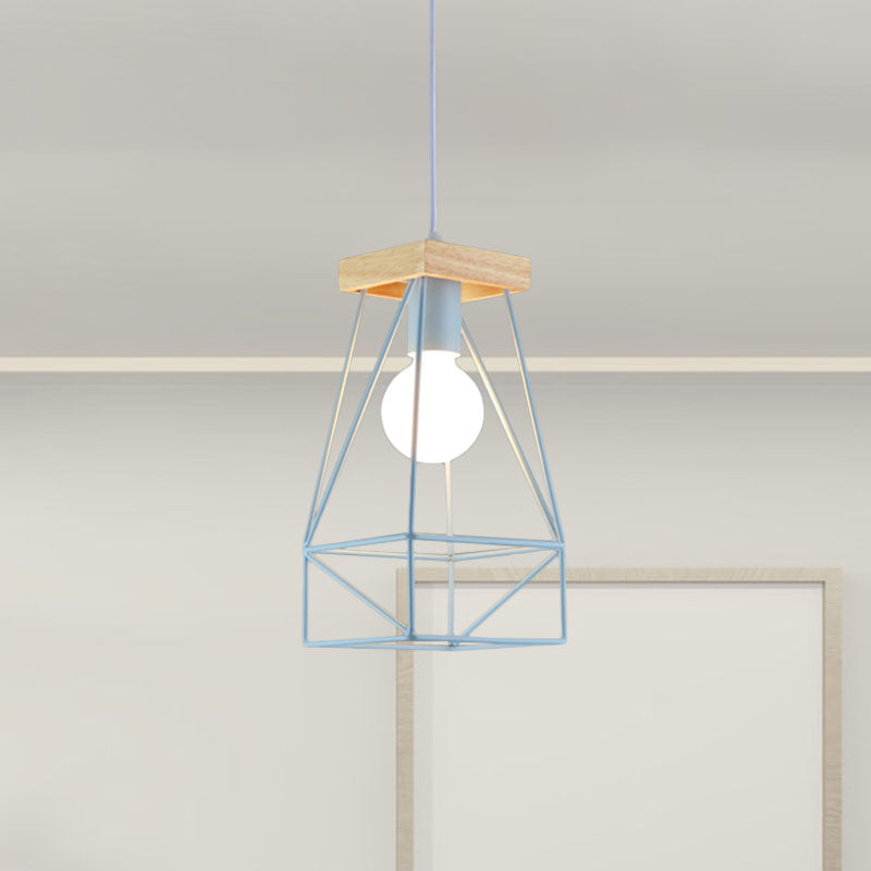 Modern Nordic Pendant Light - Metal Cage Shade 1 Head Ceiling Fixture In Black/Blue