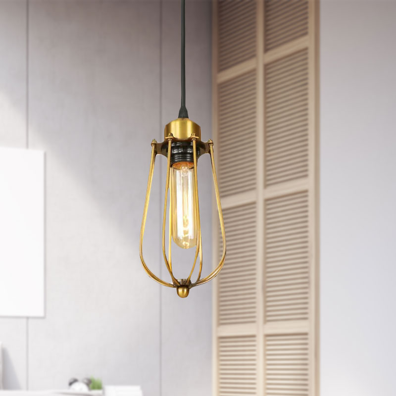 Vintage Brass Wire Guard Ceiling Light Pendant - Retro Metallic Design For Living Room