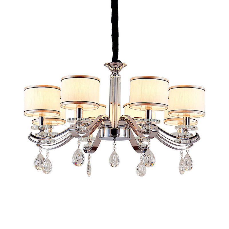 Modern Chrome Finish Chandelier With 8 Bulbs And Metallic Curved Arms - Small Drum Fabric Shade