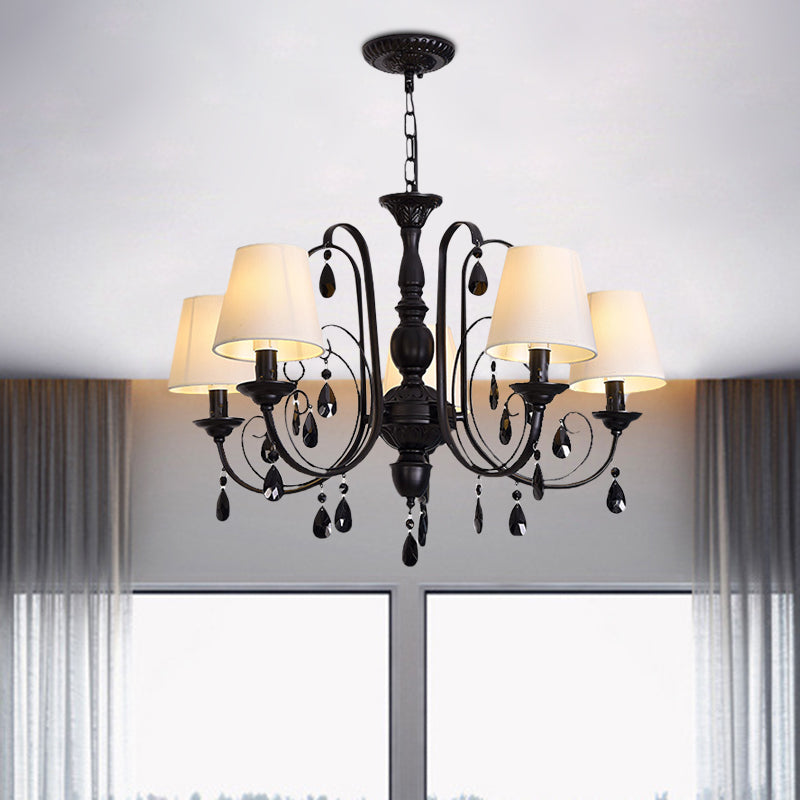 Modern Black Candle Chandelier Light With 5 Metal Lights And Fabric Shade - Ideal For Restaurants