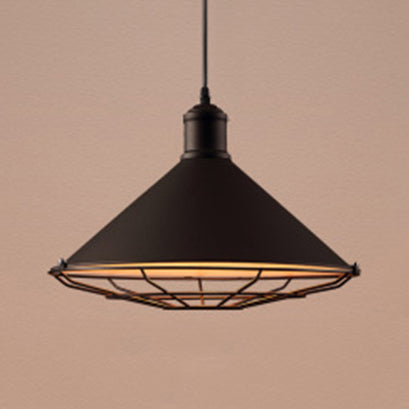Vintage Stylish Funnel Shade Hanging Ceiling Light With Wire Guard Metallic Pendant 1 Bulb In Black