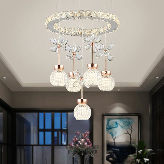 Modern Chrome Led Pendant Light With Clear Beveled Crystal Dome Ring Pendulum And Flower Design