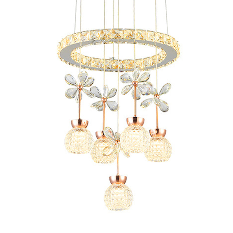 Modern Chrome Led Pendant Light With Crystal Dome And Ring Design