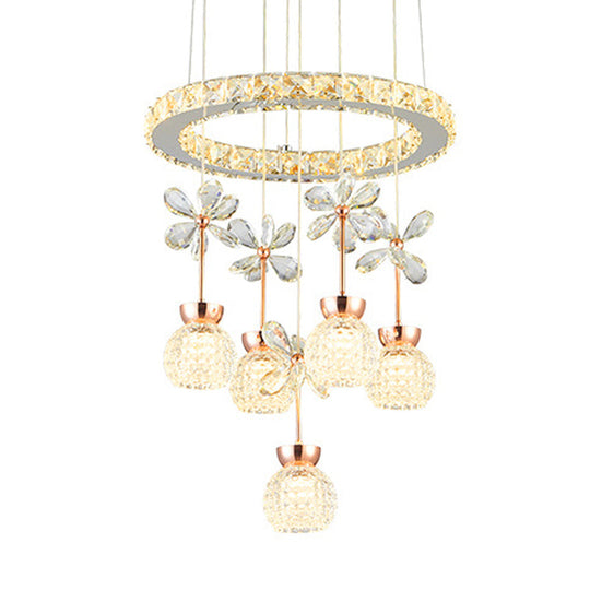 Modern Chrome Led Pendant Light With Crystal Dome And Ring Design