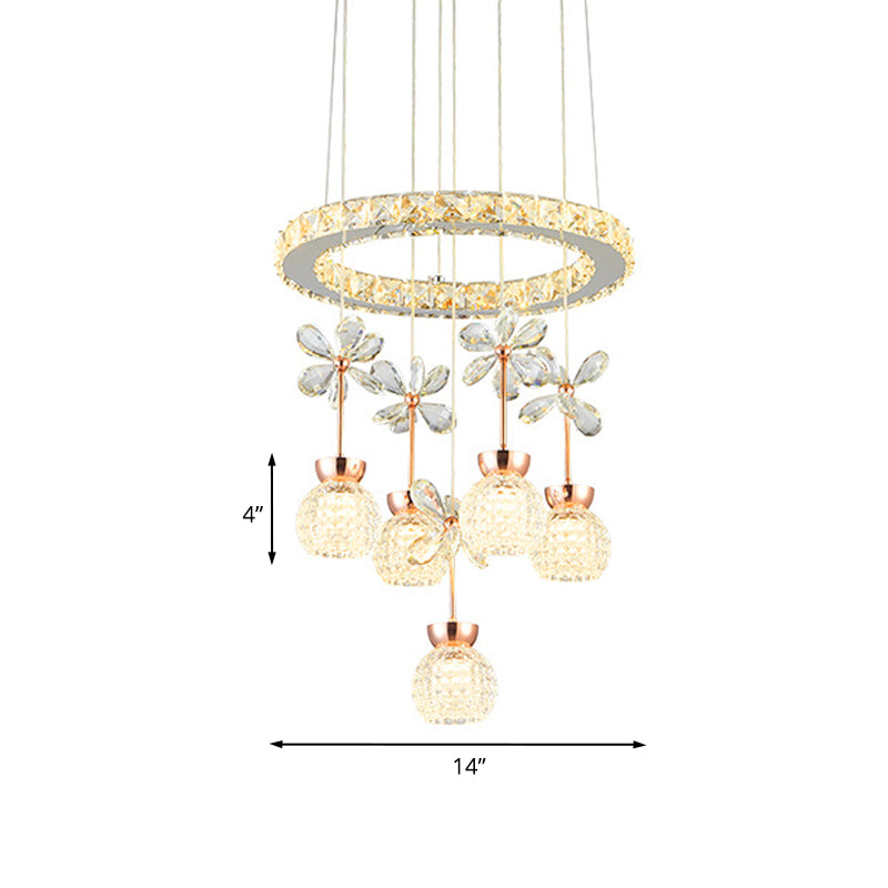Modern Chrome Led Pendant Light With Clear Beveled Crystal Dome Ring Pendulum And Flower Design
