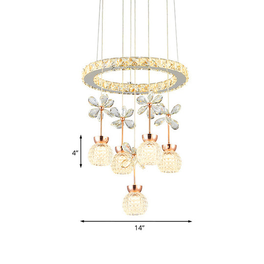 Modern Chrome Led Pendant Light With Clear Beveled Crystal Dome Ring Pendulum And Flower Design