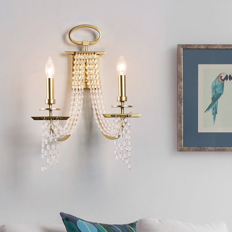 Modern Gold Crystal Strand Wall Mounted Candle Lamp - 2-Light Design Bedroom Lighting