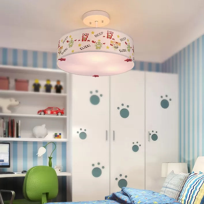 3 - Light Robot Cartoon Drum Semi Flush Mount Ceiling Light For Baby Room