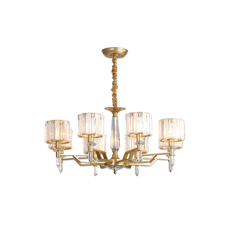 Gold Prismatic Crystal Chandelier - Postmodern Cylinder Design With 8 Heads Living Room Suspended