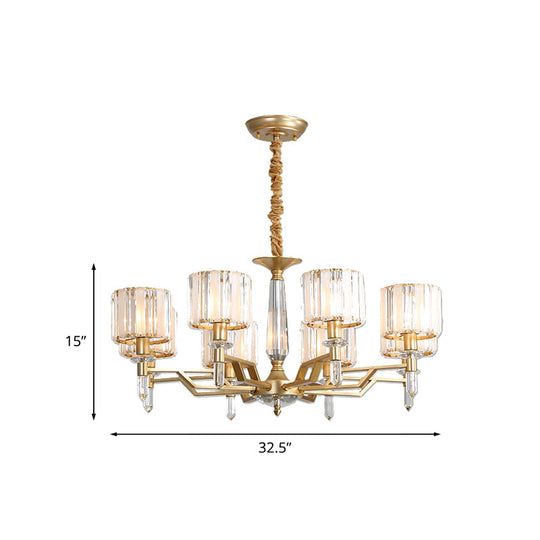 Gold Prismatic Crystal Chandelier - Postmodern Cylinder Design With 8 Heads Living Room Suspended