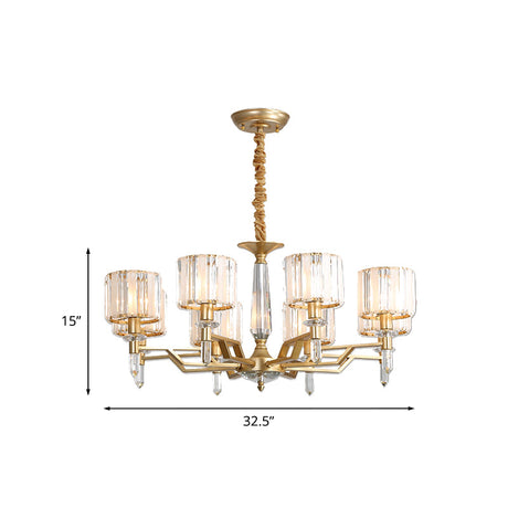 Modern 8-Light Gold Chandelier With Prismatic Crystal Cylinder Shades For Living Room Suspension