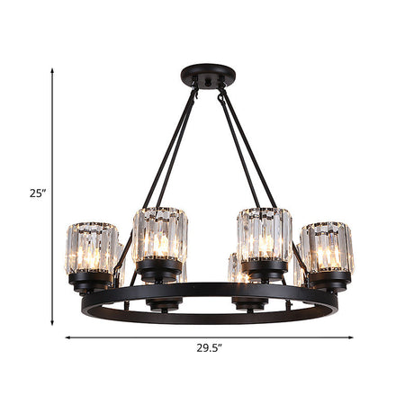 Vintage Black Wagon Wheel Iron Chandelier - 8-Head Pendant With Crystal Shade