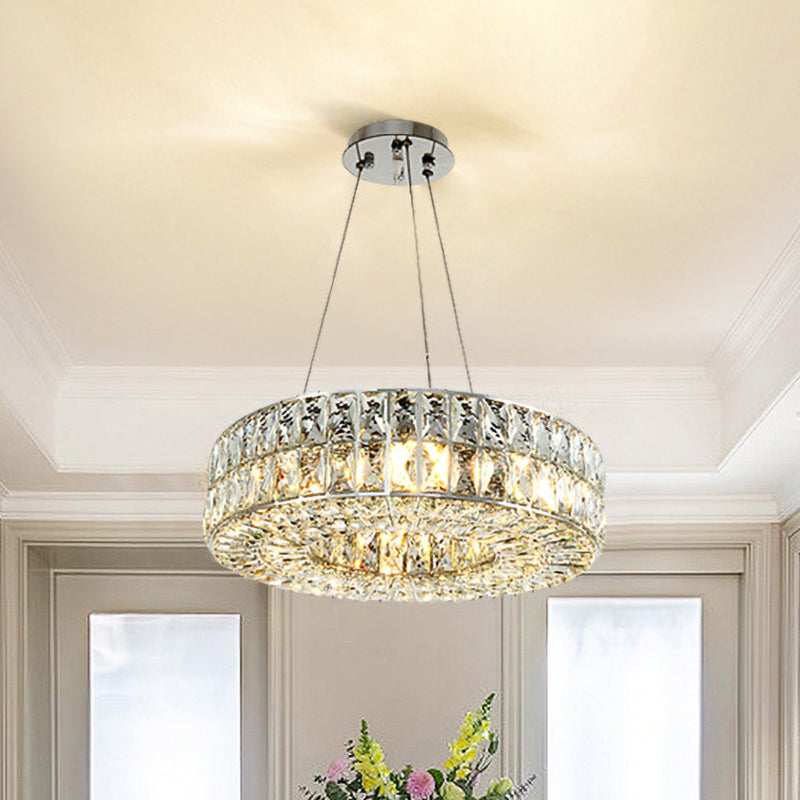 Minimalist Chrome Chandelier With Beveled Crystal Prisms - Circle Design 8-Bulb Pendant Light For