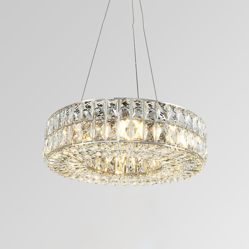 Minimalist Chrome Chandelier With Beveled Crystal Prisms - Circle Design 8-Bulb Pendant Light For