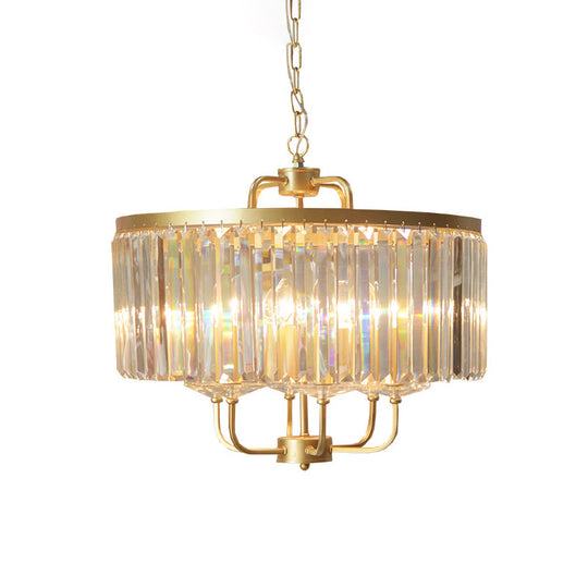 Golden Drum Chandelier With 7 Heads And Tri-Sided Crystal Rods - Modern Hanging Light Fixture