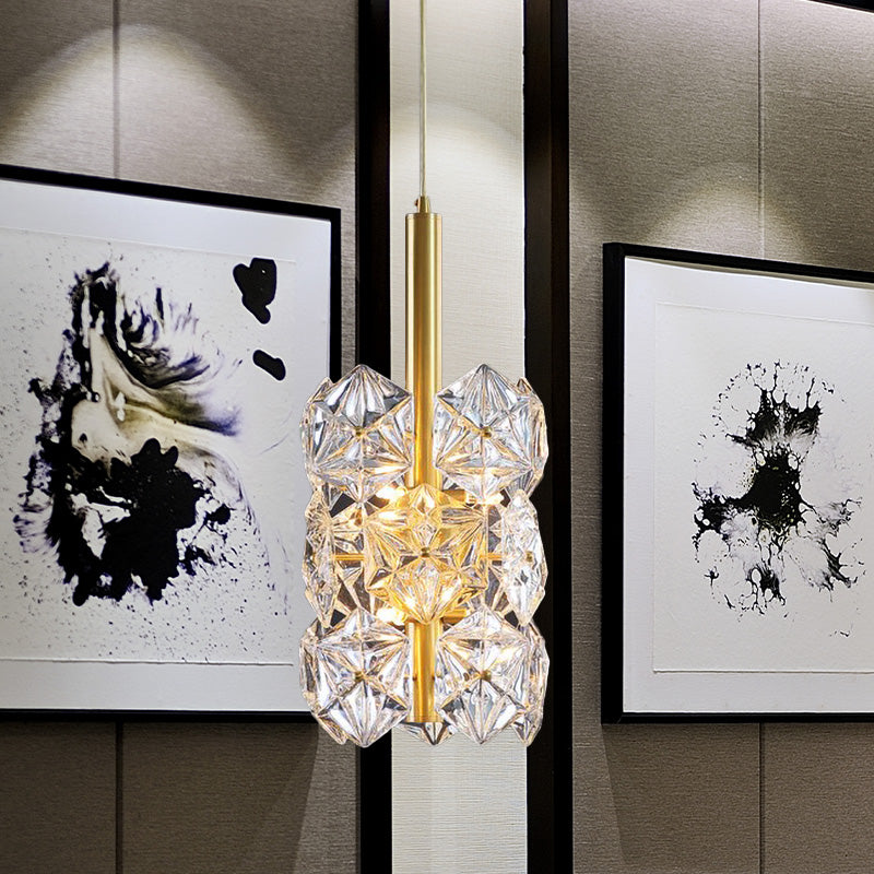 Gold Hexagonal K9 Crystal Cylinder Pendant Light - Sleek Simplicity For Bedroom 6-Bulb Hanging Lamp