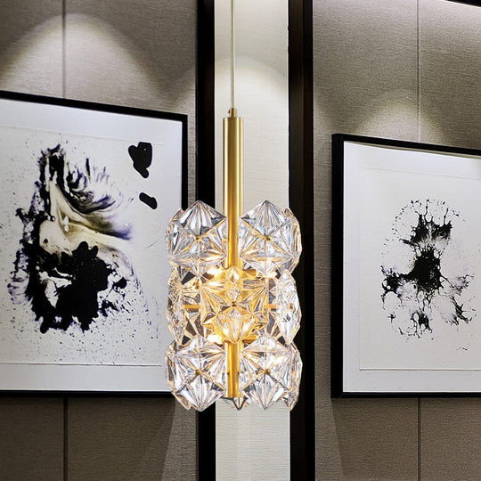 Gold Hexagonal K9 Crystal Cylinder Pendant Light: Simplicity 6-Bulb Hanging Lamp For Bedroom