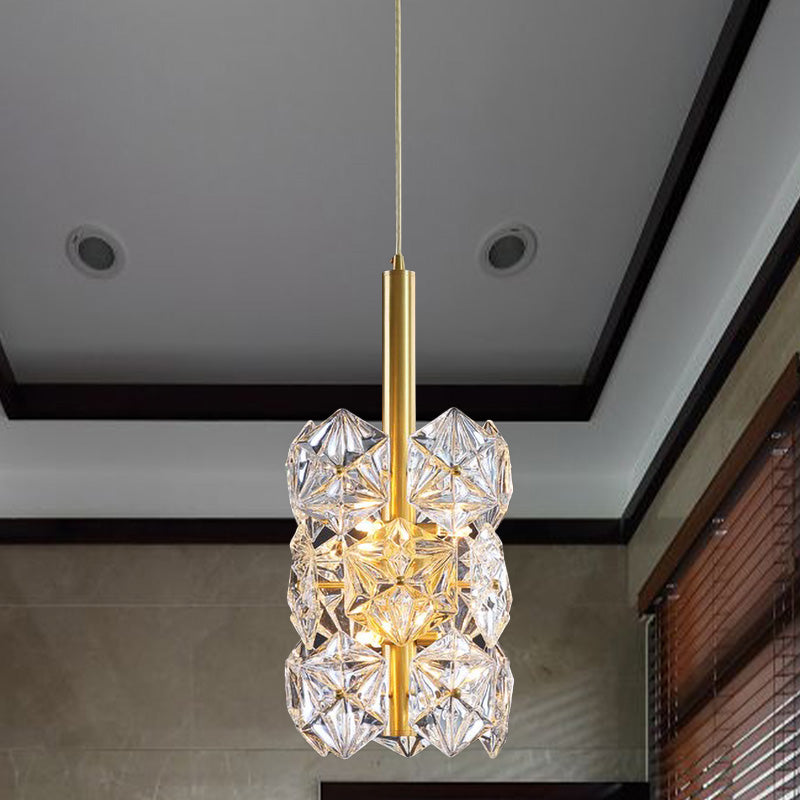 Gold Hexagonal K9 Crystal Cylinder Pendant Light: Simplicity 6-Bulb Hanging Lamp For Bedroom