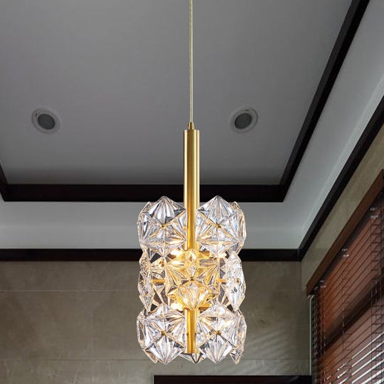 Gold Hexagonal K9 Crystal Cylinder Pendant Light: Simplicity 6-Bulb Hanging Lamp For Bedroom