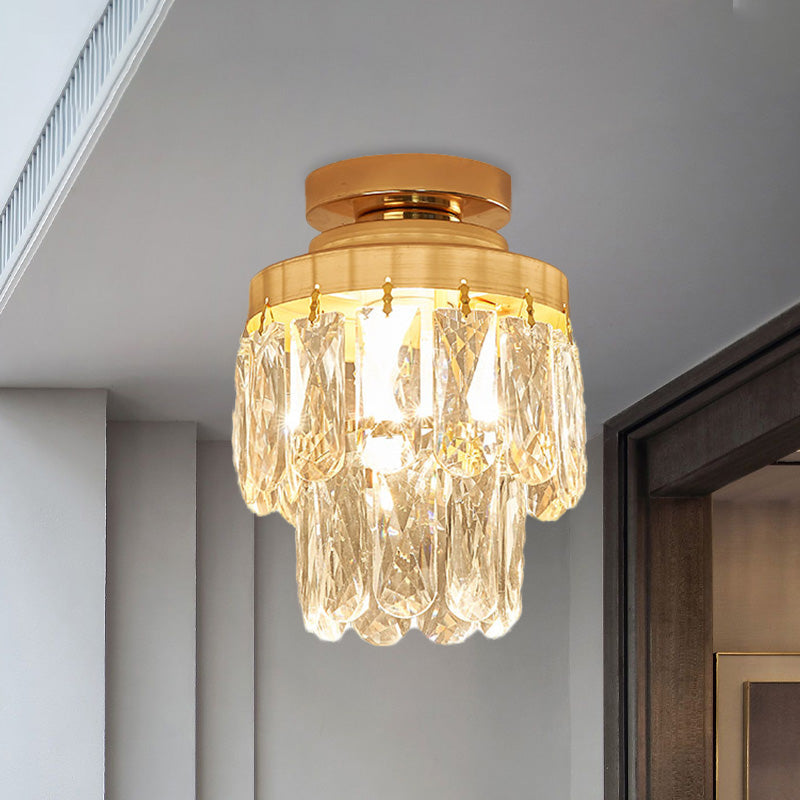 Gold Cylinder Pinecone Foyer Ceiling Lamp - Simple Crystal Design With Semi-Flush Mount 1 Bulb