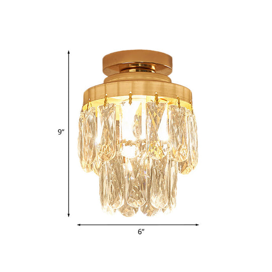 Gold Cylinder Pinecone Foyer Ceiling Lamp - Simple Crystal Design With Semi-Flush Mount 1 Bulb