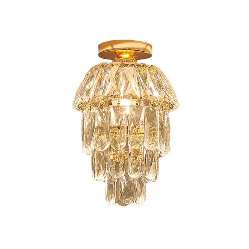 Gold Cylinder Pinecone Foyer Ceiling Lamp - Simple Crystal Design With Semi-Flush Mount 1 Bulb