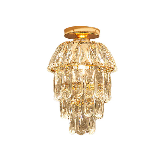 Gold Cylinder Pinecone Foyer Ceiling Lamp - Simple Crystal Design With Semi-Flush Mount 1 Bulb