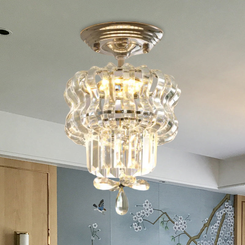 Simple Crystal 2-Tier Led Semi Flush Silver Light Fixture – Small Hallway Ceiling Lamp