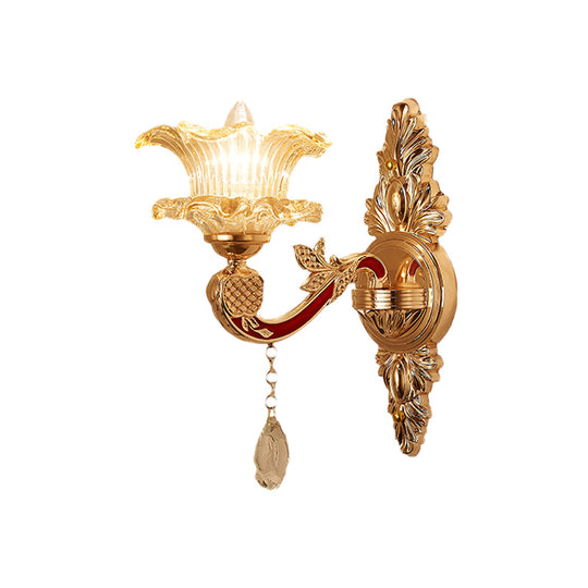Traditional Clear Ribbed Glass Wall Sconce Light With Gold Carved Arm - Flower/Sector Design