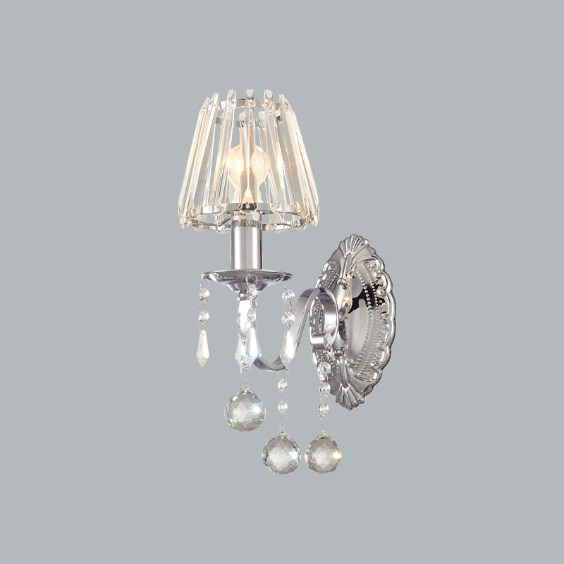Contemporary Crystal Cone Wall Light Kit - Chrome Sconce With Drops 1/2-Light Fixture