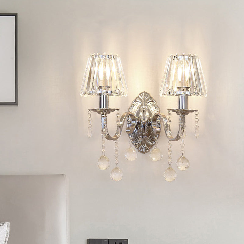 Contemporary Crystal Cone Wall Light Kit - Chrome Sconce With Drops 1/2-Light Fixture