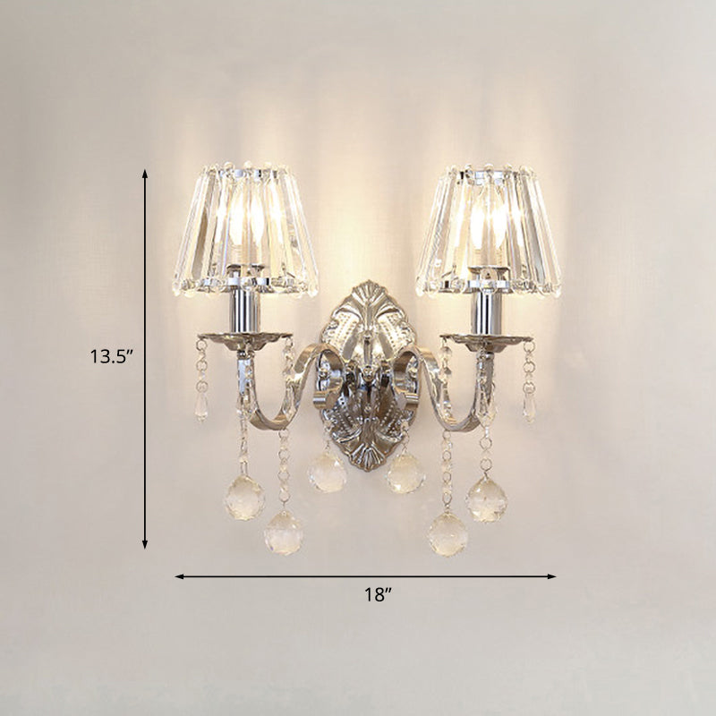 Contemporary Crystal Cone Wall Light Kit - Chrome Sconce With Drops 1/2-Light Fixture