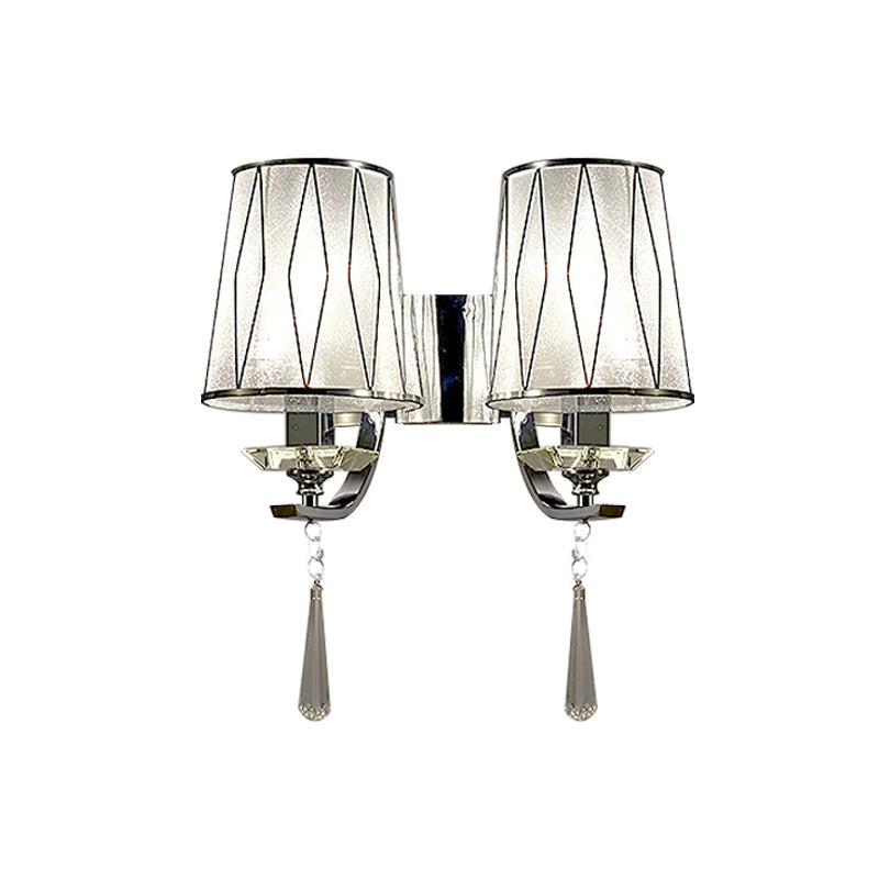 Modern Chrome Wall Lamp With K9 Crystal Drop And Diamond-Pattern Barrel Design