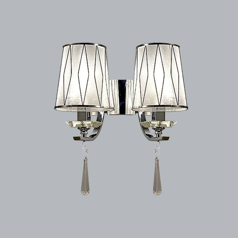 Modern Chrome Wall Lamp With K9 Crystal Drop And Diamond-Pattern Barrel Design