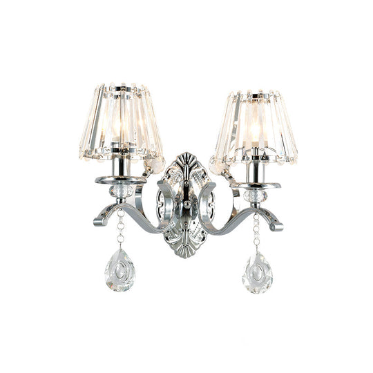 Contemporary Crystal Conical Wall Sconce - 2-Light Silver Lighting For Living Room