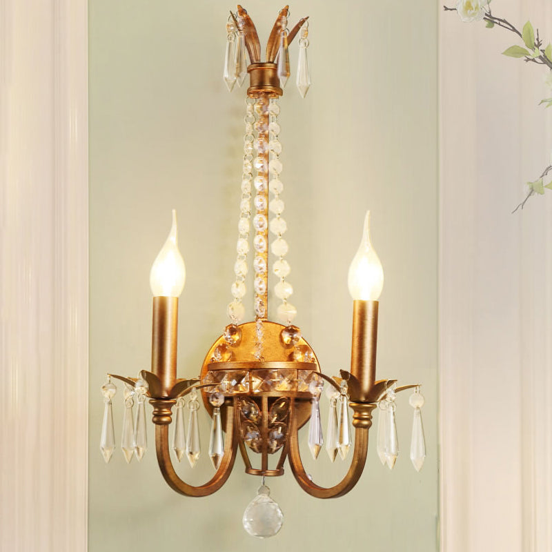 Rustic Antiqued Gold Iron Wall Mount Lighting With Crystal Accent - 2-Head Candlestick Lamp