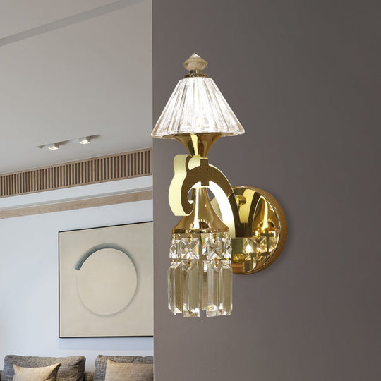 Postmodern Crystal Wall Sconce With Gold Mount And Dangling Rods - Half Bulb Lighting
