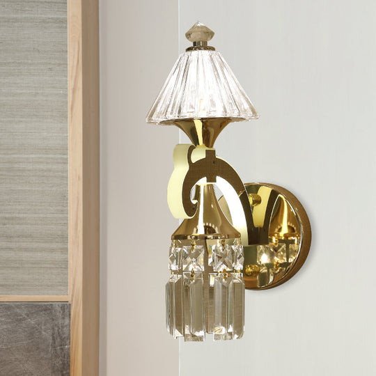 Postmodern Crystal Wall Sconce With Gold Mount And Dangling Rods - Half Bulb Lighting