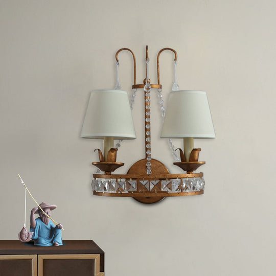 Retro Metallic Wall Mount Lamp With Fabric Shade - Rustic 2-Head Candelabra Lighting Idea