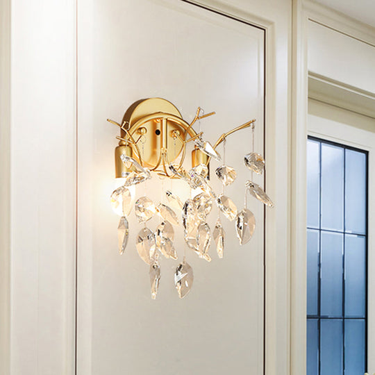 Modern Gold Wall Sconce With Leaf Shape Design And Beveled Crystal Accents 2-Bulb Lighting Fixture